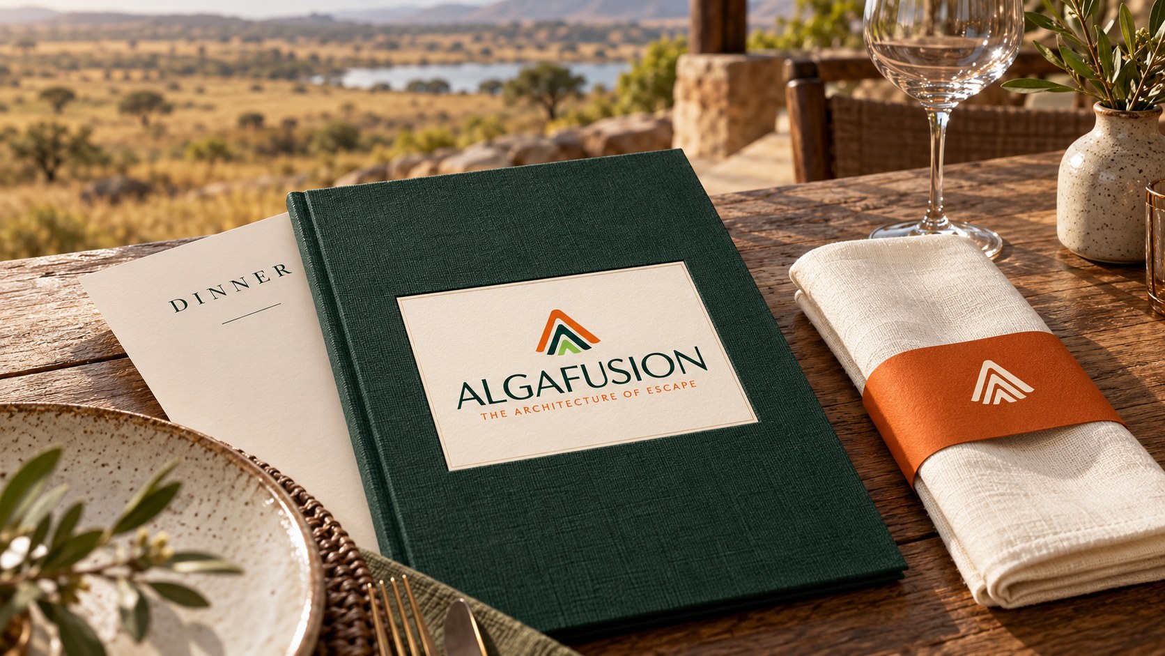 Algafusion forest-green linen menu with a cream logo panel and an ivory napkin wrapped in an orange branded band