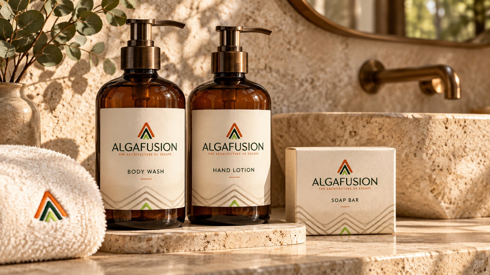 Algafusion amber body wash and hand lotion bottles with cream labels, a matching soap carton and an embroidered towel