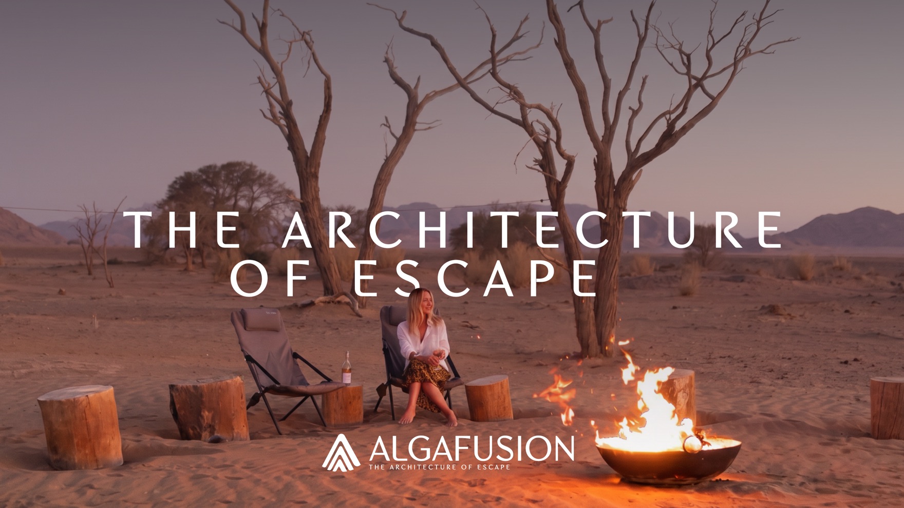 Algafusion brand in context — a luxury desert camp at dusk with the logo and 'The Architecture of Escape' tagline