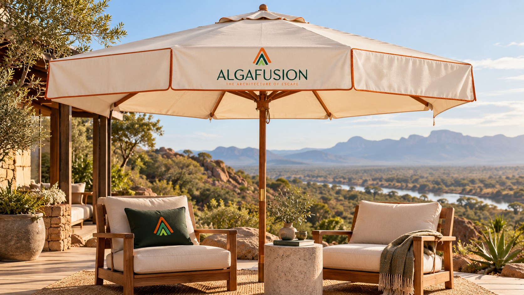 Algafusion cream terrace umbrella with orange trim and branded green cushion overlooking a wilderness landscape