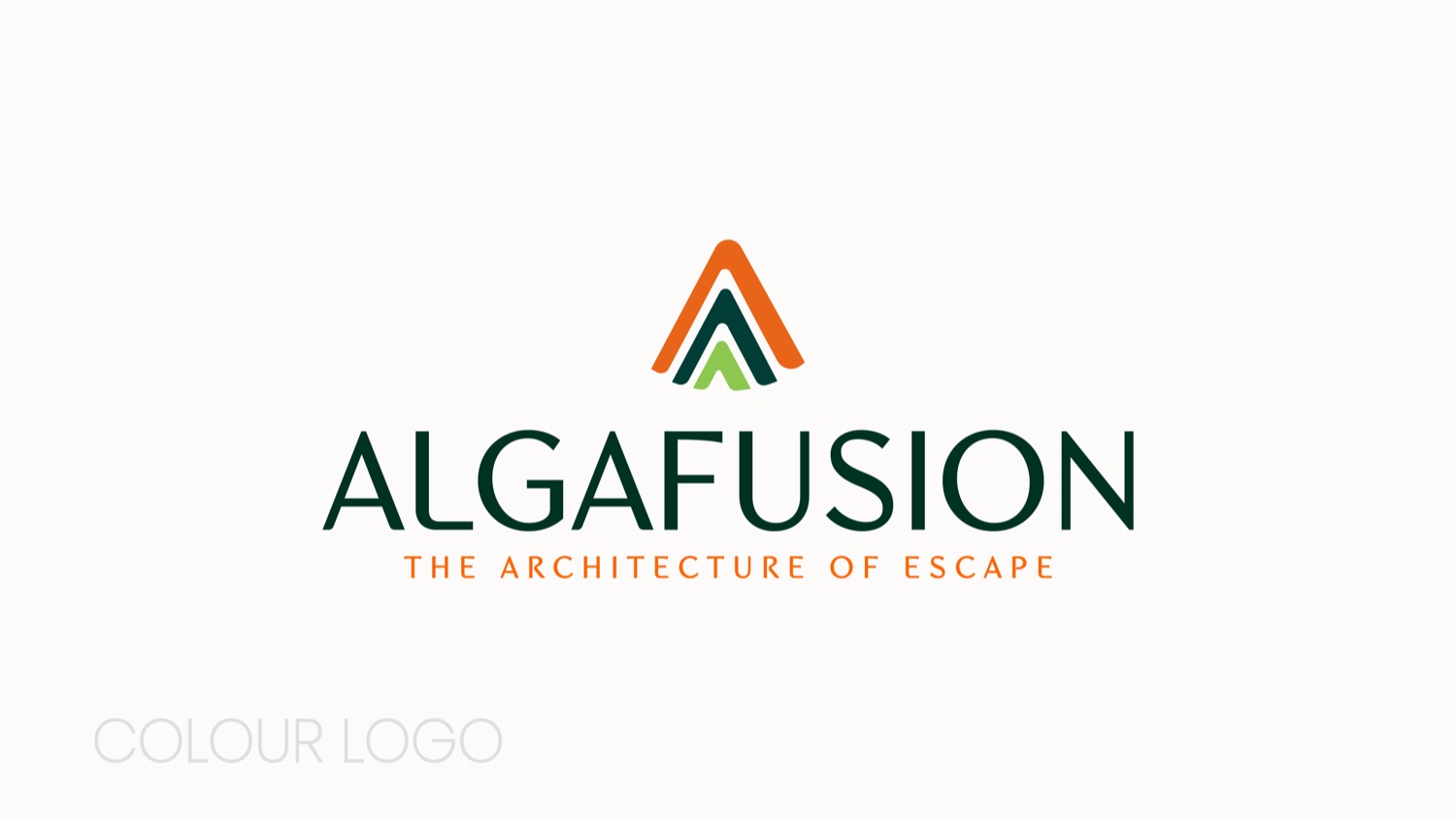 Algafusion full-colour logo — tiered 'A' icon above the ALGAFUSION wordmark and 'The Architecture of Escape' tagline