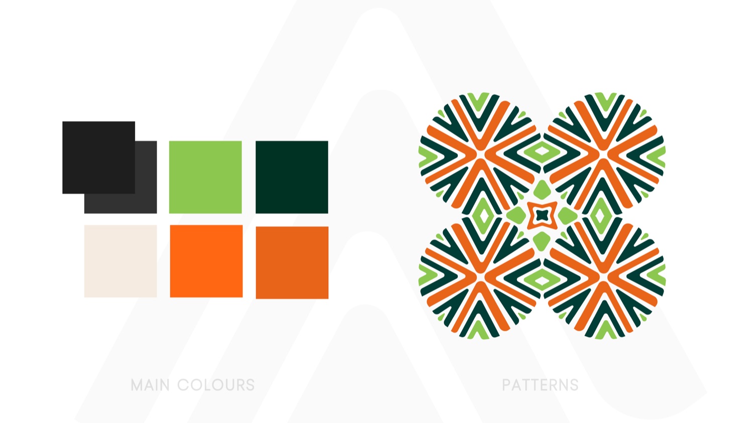 Algafusion colour palette swatches and the signature kaleidoscopic geometric pattern