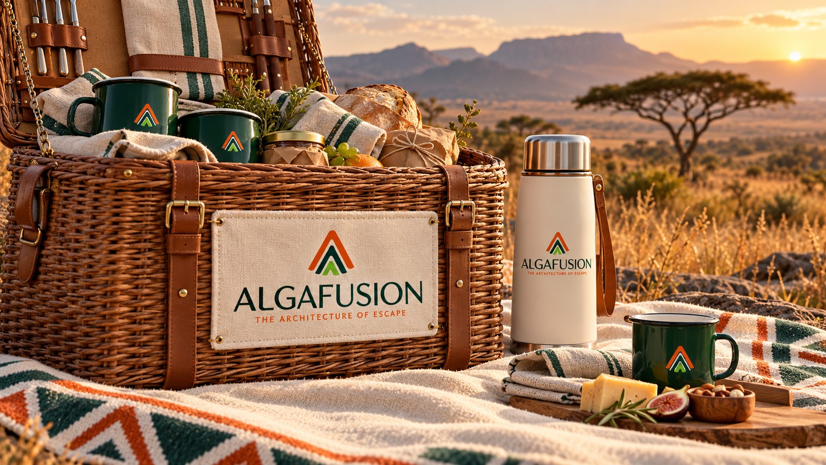 Algafusion wicker picnic hamper with branded green enamel cups and cream flask in a golden wilderness setting