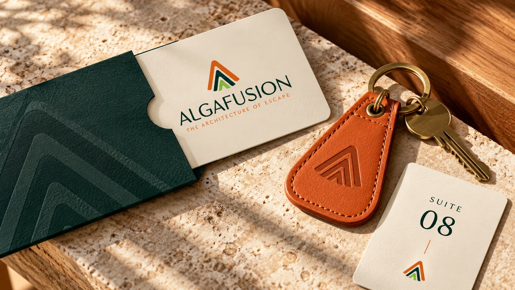 Algafusion cream room keycard and forest-green sleeve beside an orange leather key fob and Suite 08 card