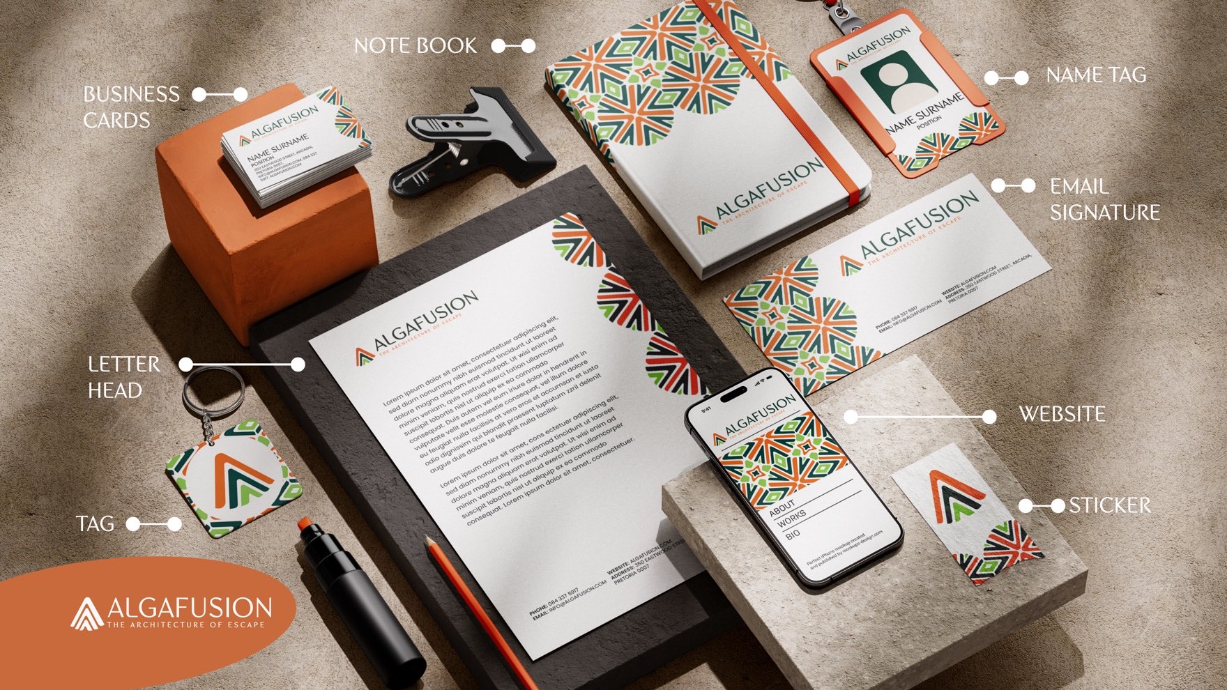 Algafusion brand applied across stationery — business cards, letterhead, notebook, name tag, email signature, stickers and tags