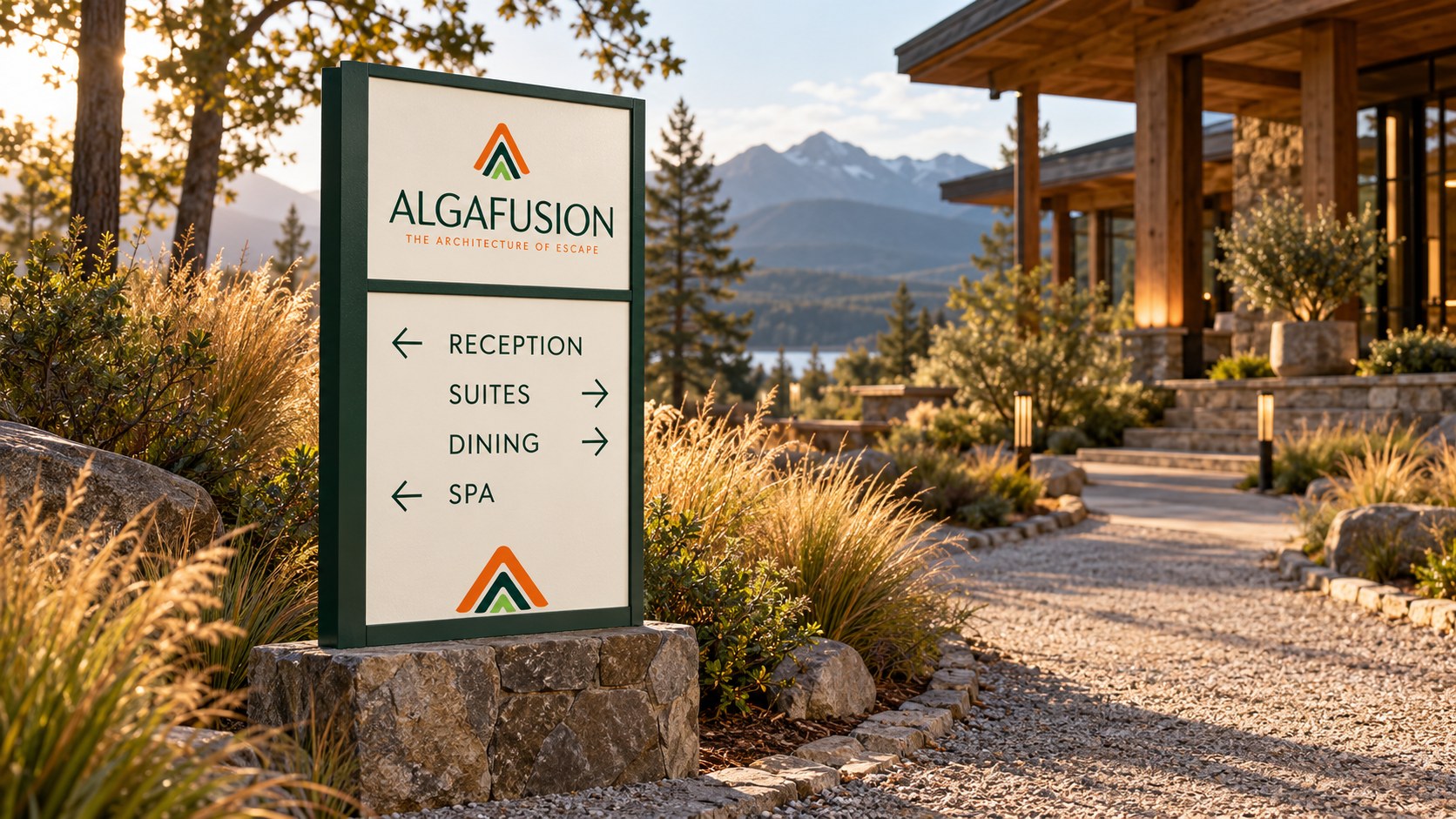 Algafusion cream and forest-green directional sign for reception, suites, dining and spa beside a wilderness lodge