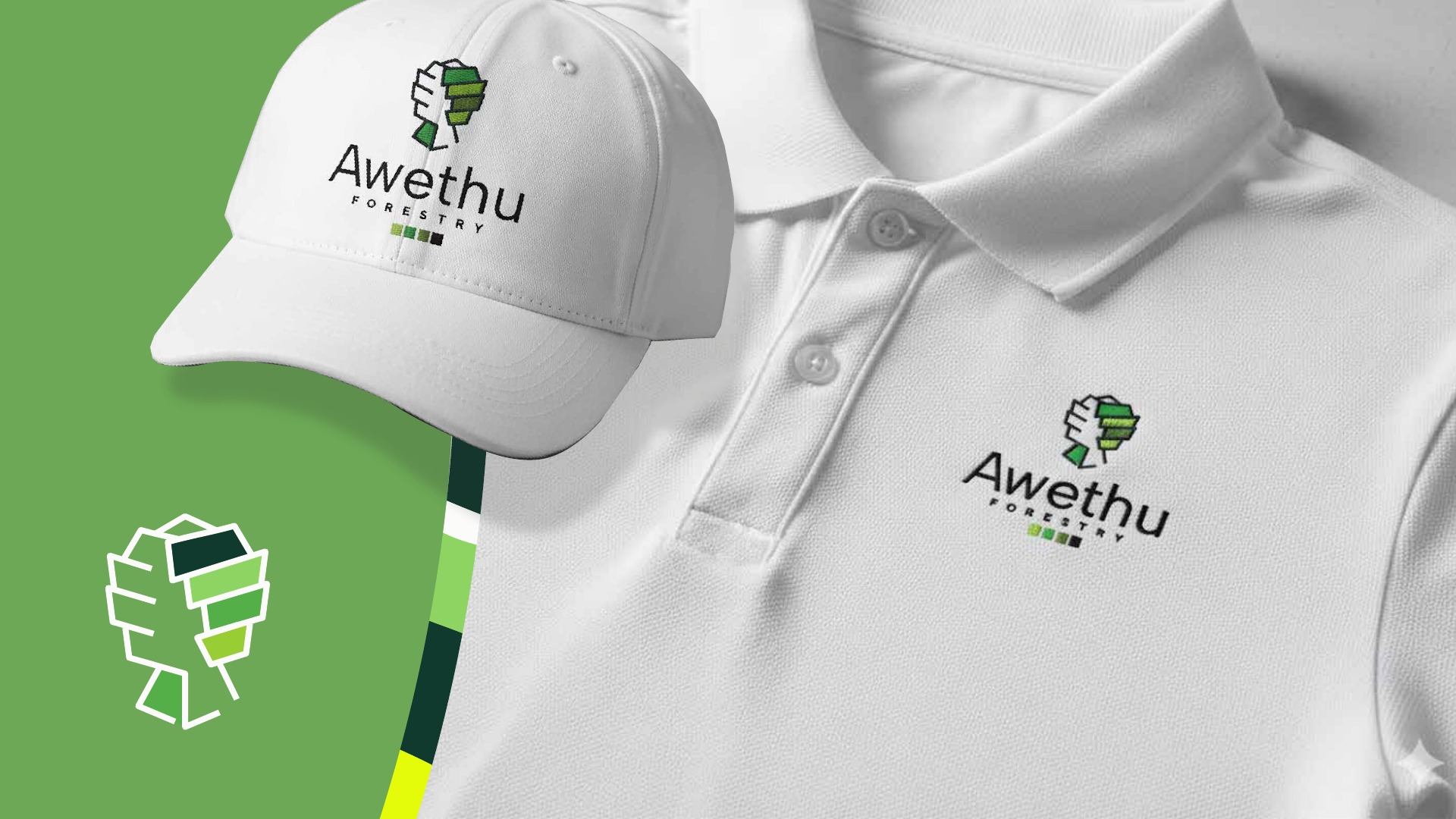 Awethu apparel concept: white branded cap and polo shirt