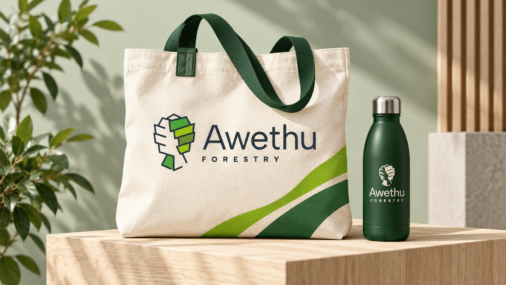 Awethu Forestry concept: ivory canvas tote and green reusable bottle