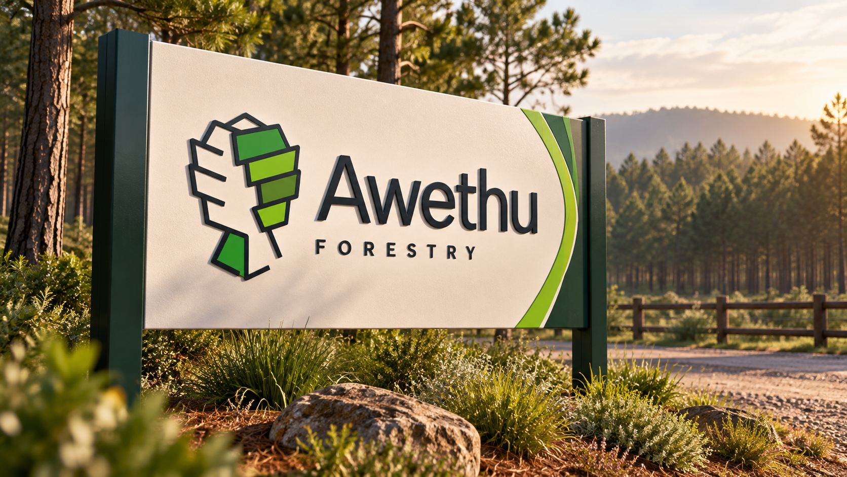Awethu Forestry concept: branded entrance sign at the edge of a pine forest