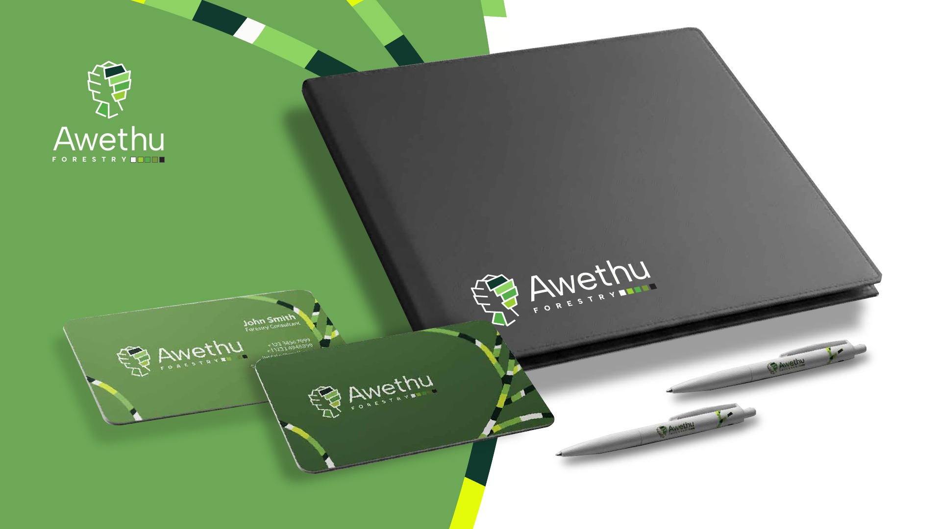 Awethu stationery concept: branded notebook, business cards and pens