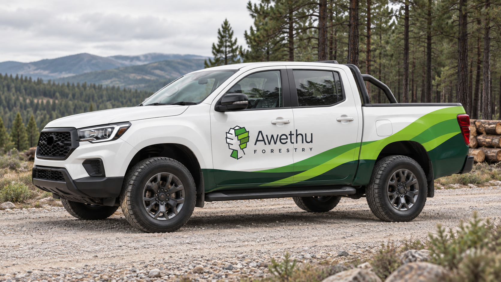 Awethu Forestry concept: white pickup with forest-green and lime vehicle graphics
