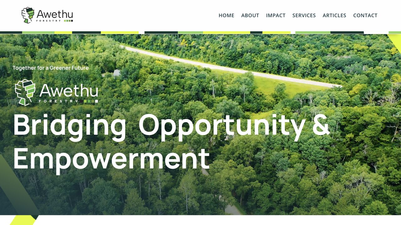 Live Awethu Forestry homepage with forest imagery, green brand accents and the headline Bridging Opportunity and Empowerment