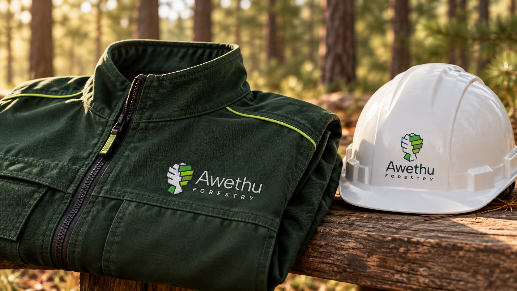 Awethu Forestry concept: branded green work jacket and white hard hat