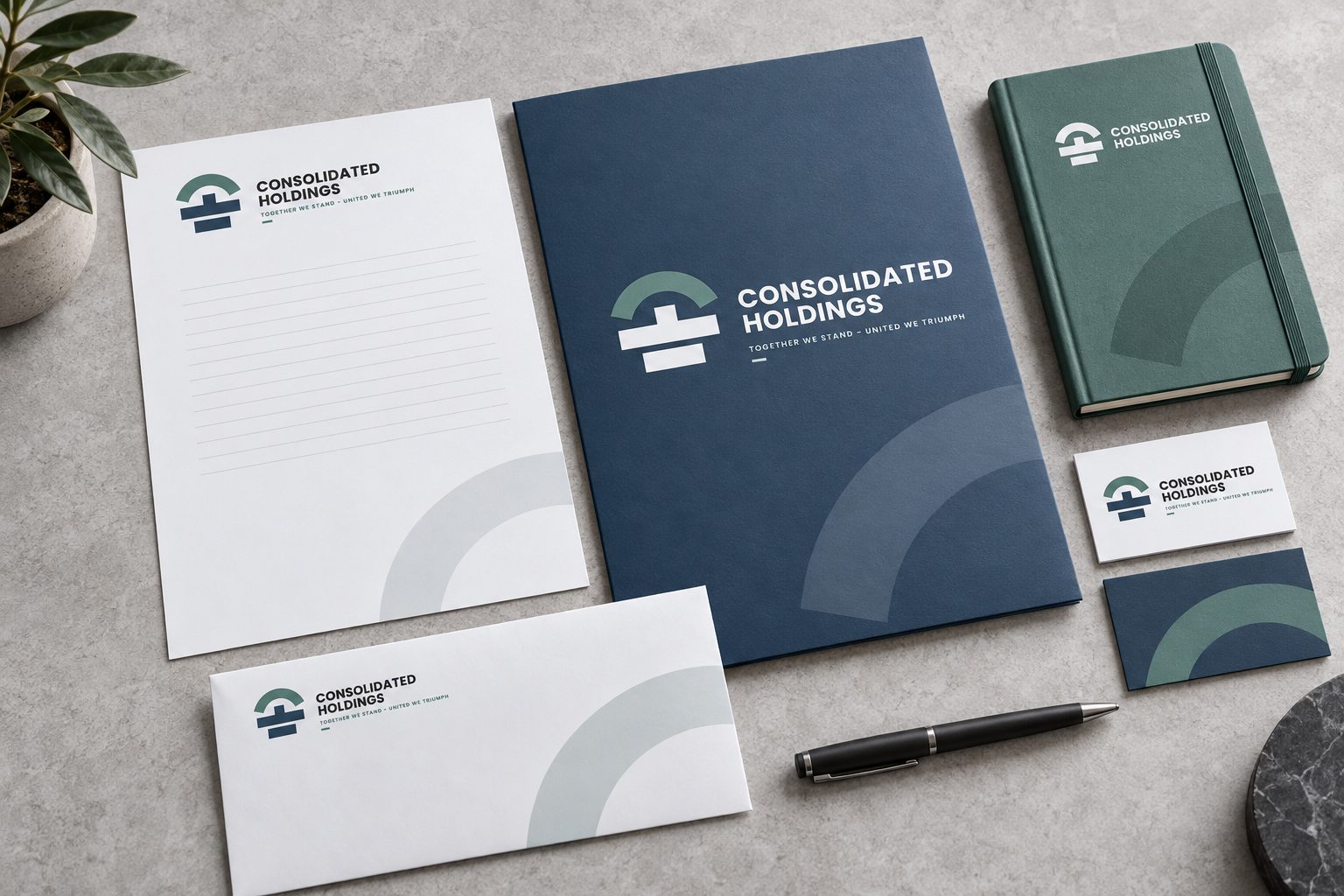 Consolidated Holdings coordinated letterhead, envelope, folder, notebook and cards