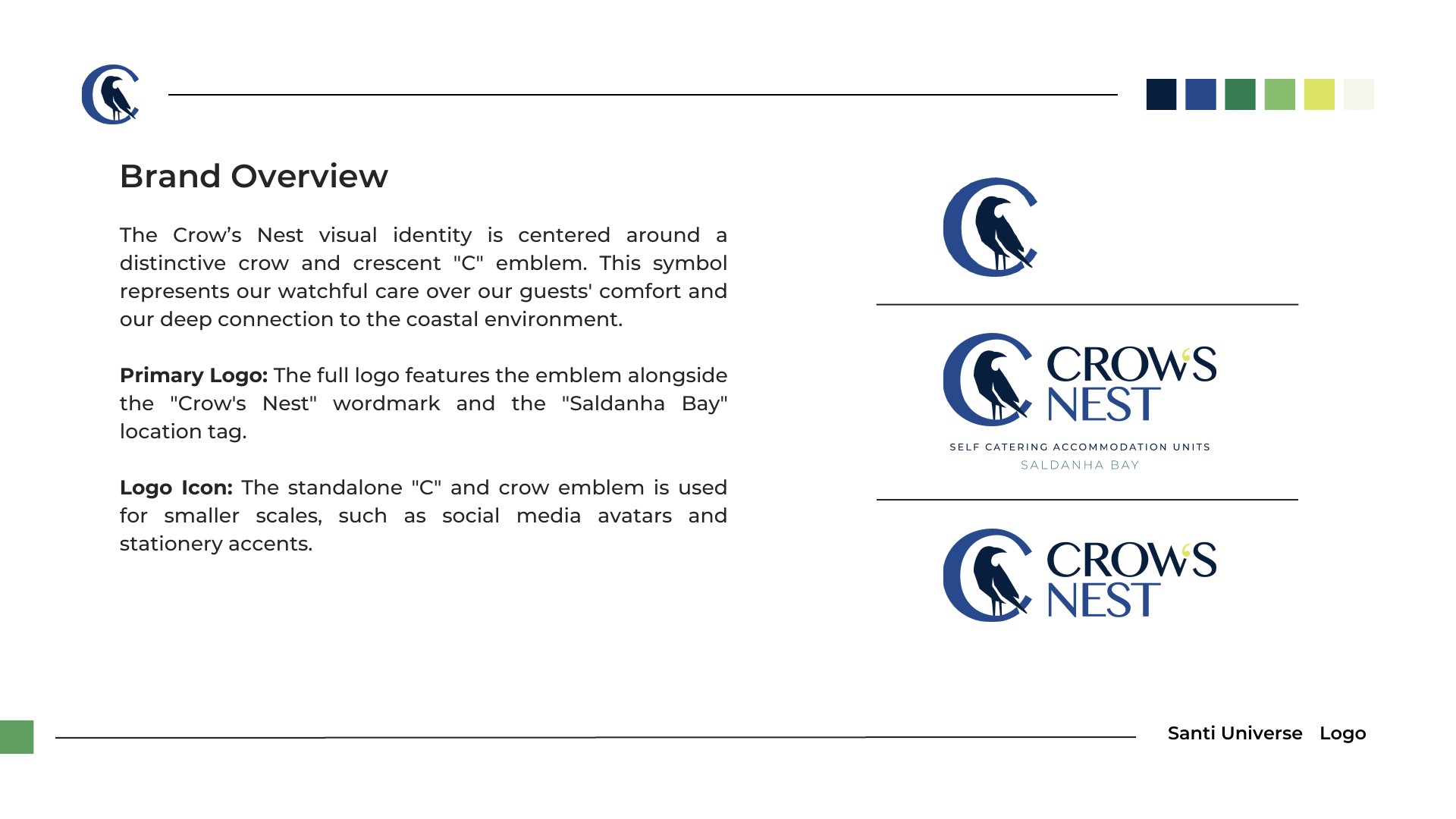 Crow’s Nest brand guide showing the crow-and-C emblem and primary and secondary logos