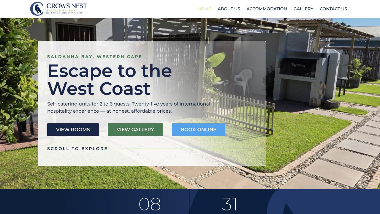 Actual Crow’s Nest homepage with accommodation photography and Escape to the West Coast headline