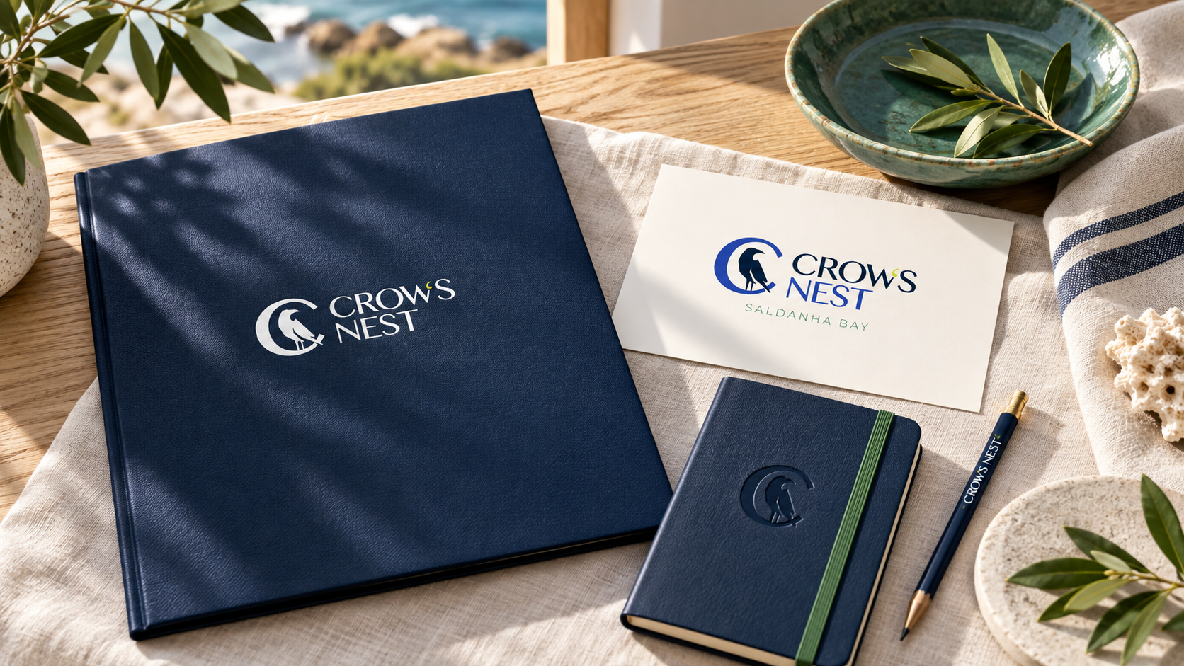 Crow’s Nest concept welcome stationery with navy folder, cards and notebook
