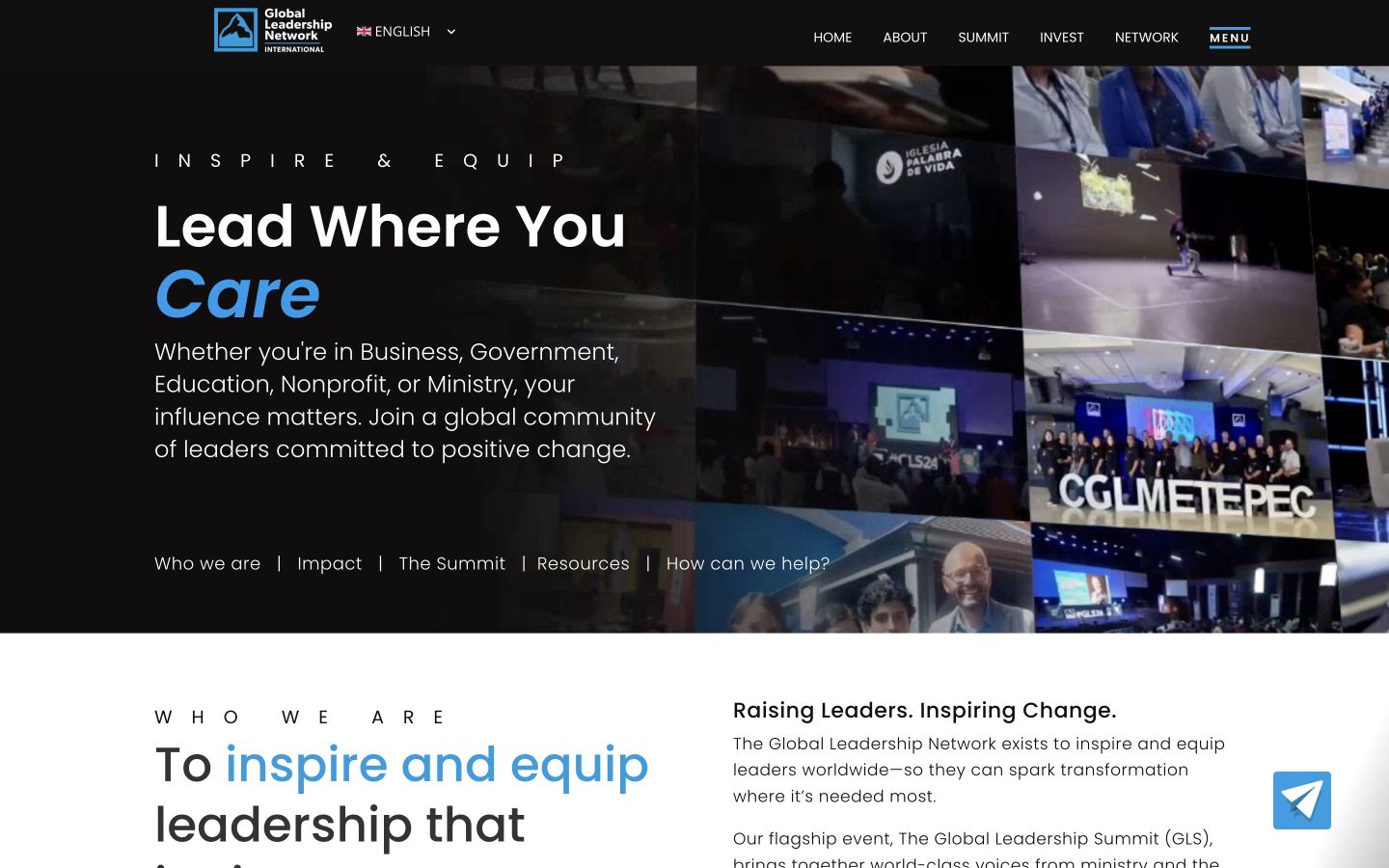 GLNI desktop homepage, with the Lead Where You Care headline and global event imagery