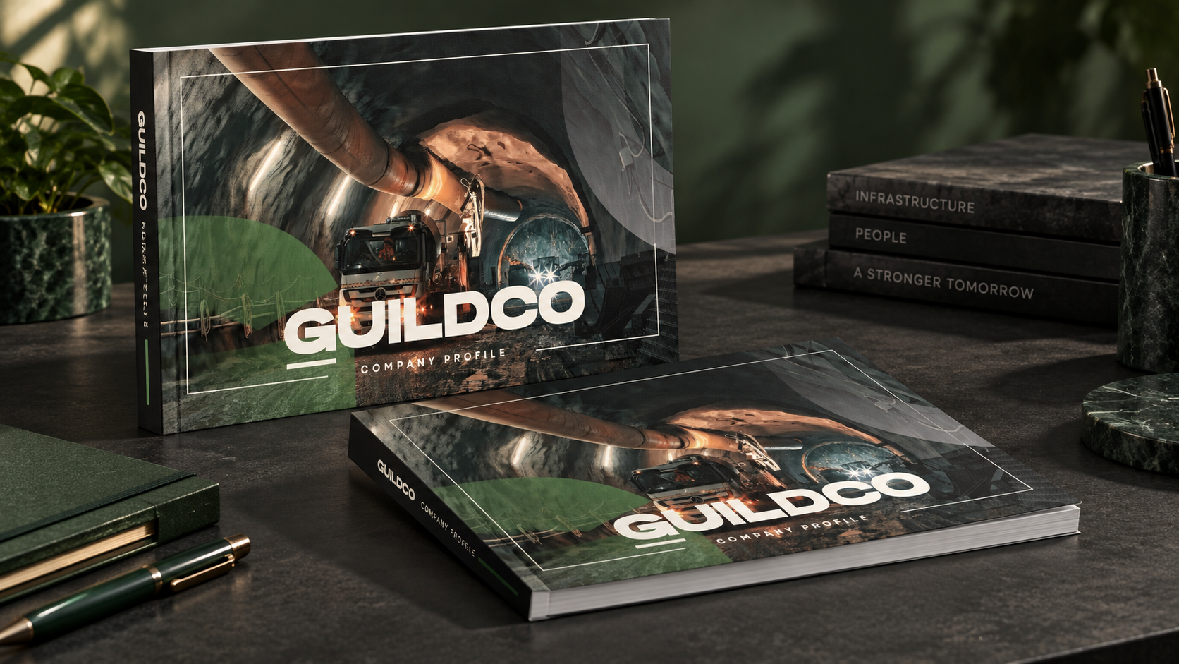 Guildco concept mockup: company-profile booklet
