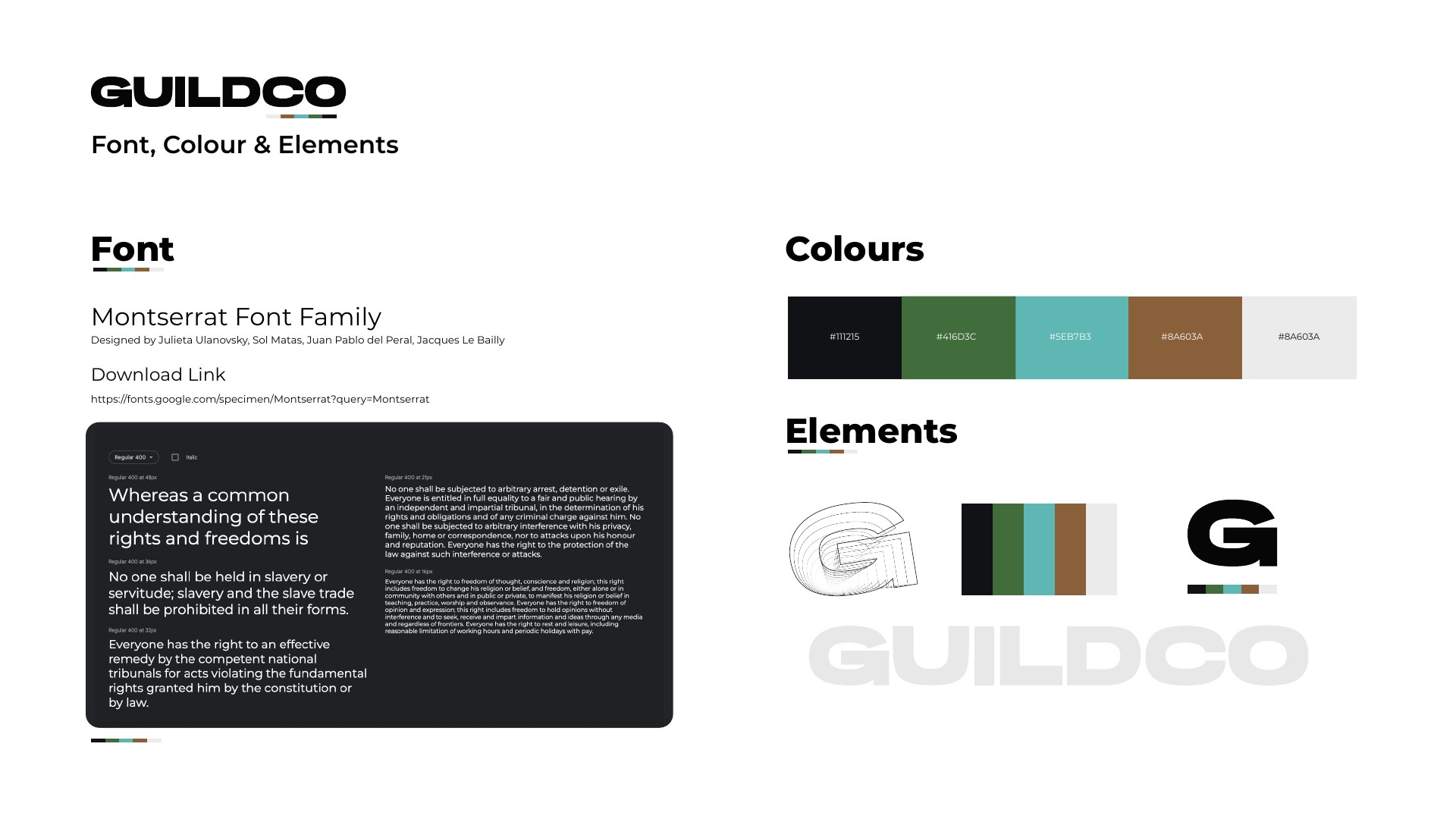 Guildco starter brand guide showing Montserrat, colours and graphic elements