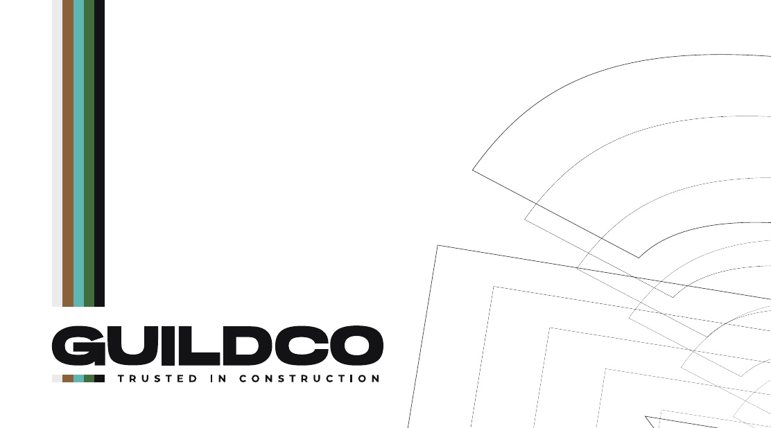 Guildco business card front with bold wordmark, colour stripe and fine outline artwork