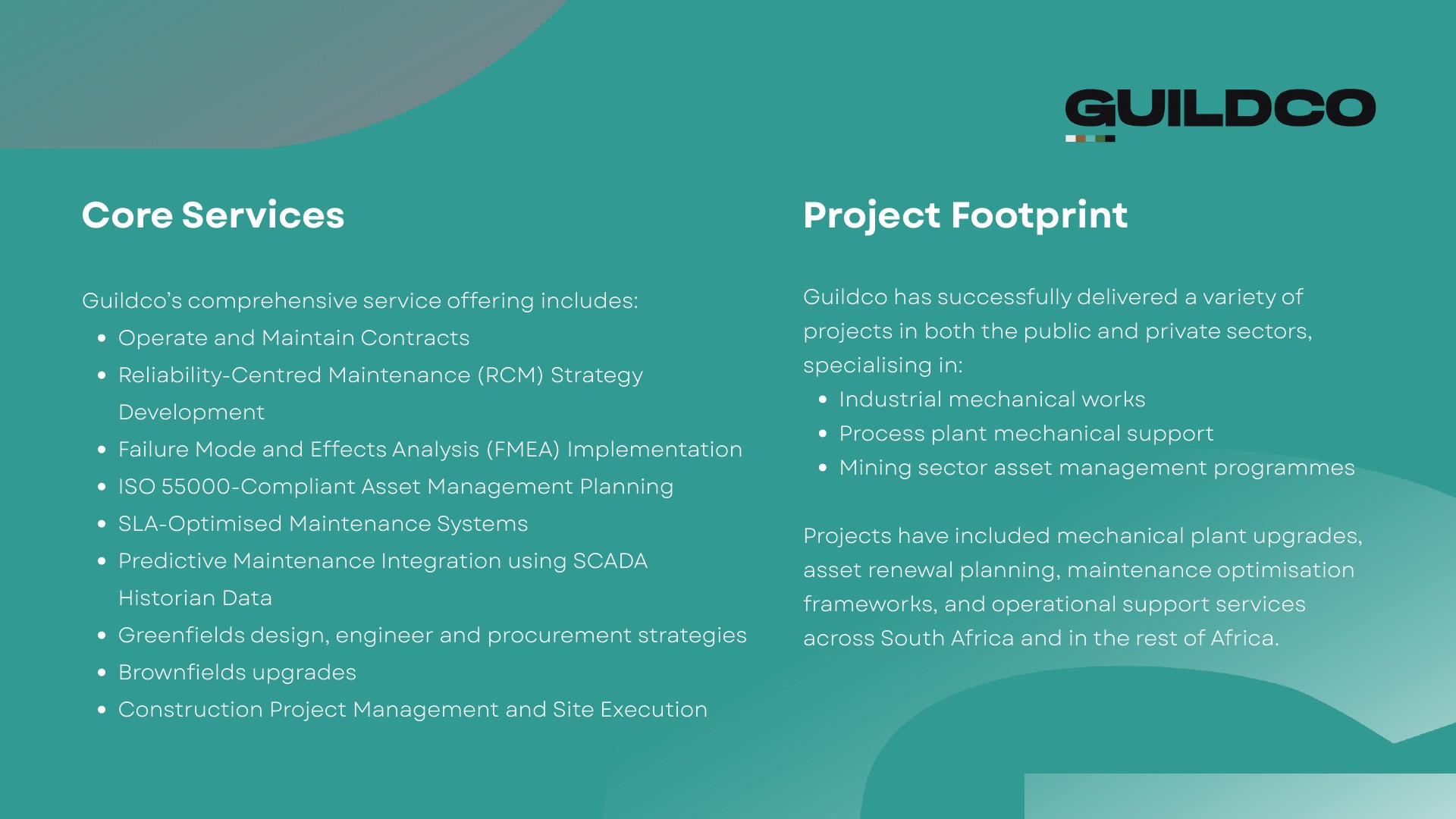Guildco teal company profile layout presenting core services and project footprint