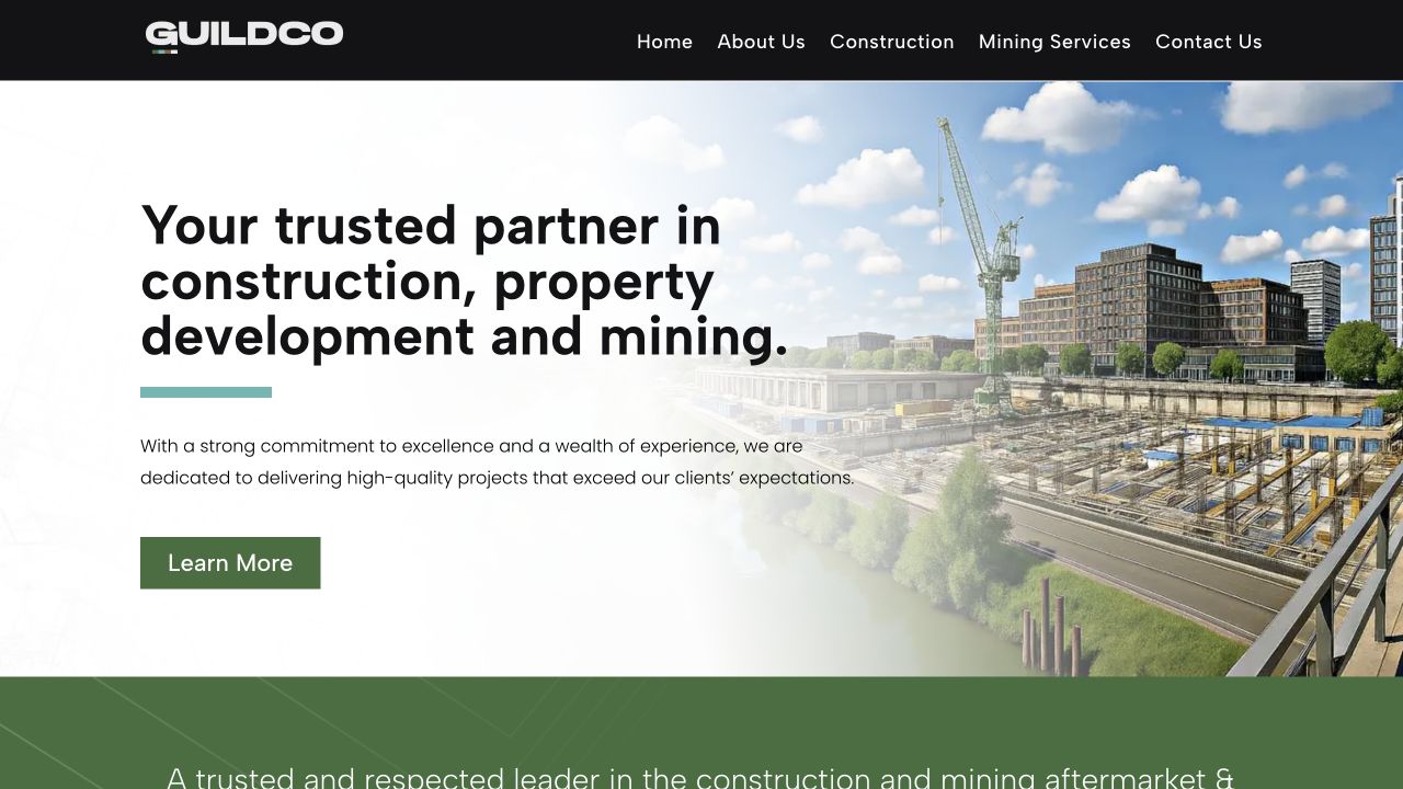 Guildco live homepage with construction photography, white wordmark and green call to action