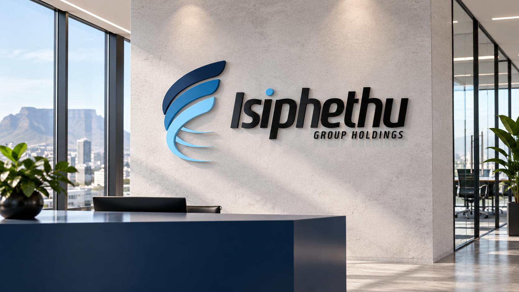 Isiphethu logo presented on an office reception wall