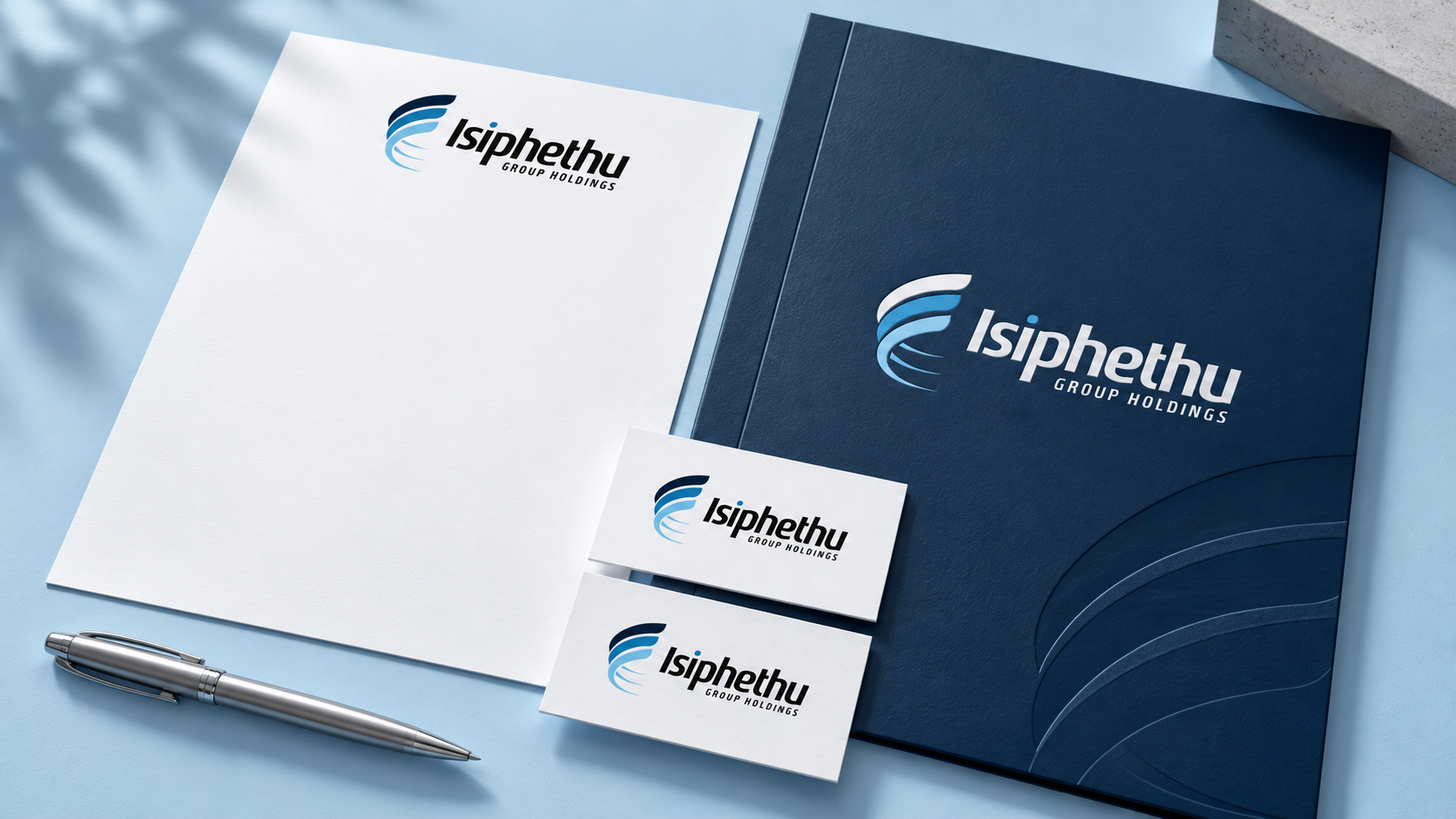 Isiphethu stationery concept with letterhead, folder, cards and pen