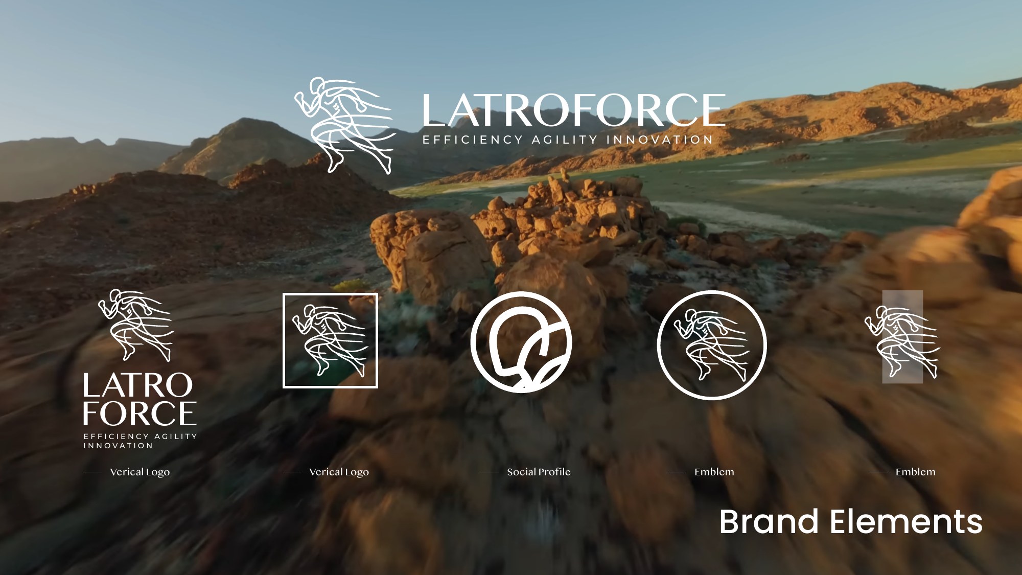 Latroforce proposed logo arrangements and emblem studies on a landscape background