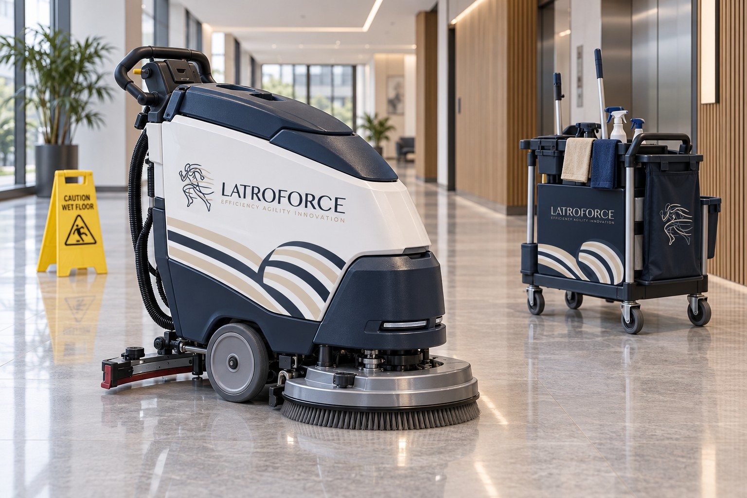 Concept mockup of a Latroforce-branded floor scrubber and cleaning trolley in an office corridor