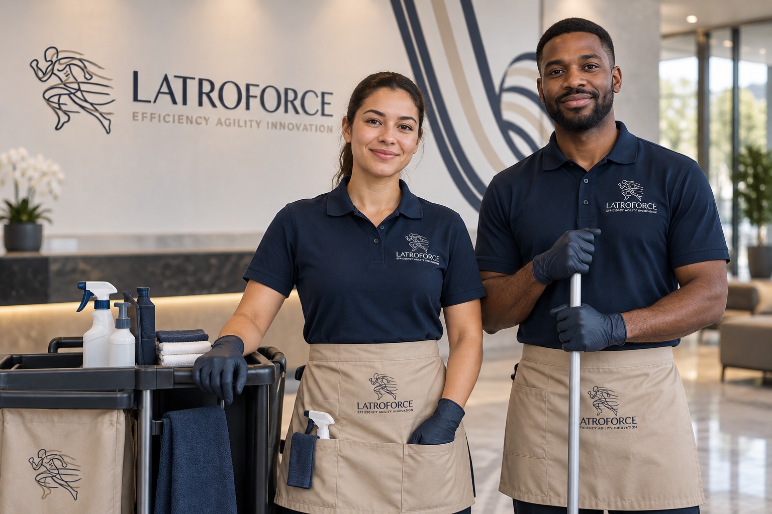 Concept mockup of two cleaning staff wearing Latroforce navy polos and sand aprons beside a cleaning trolley