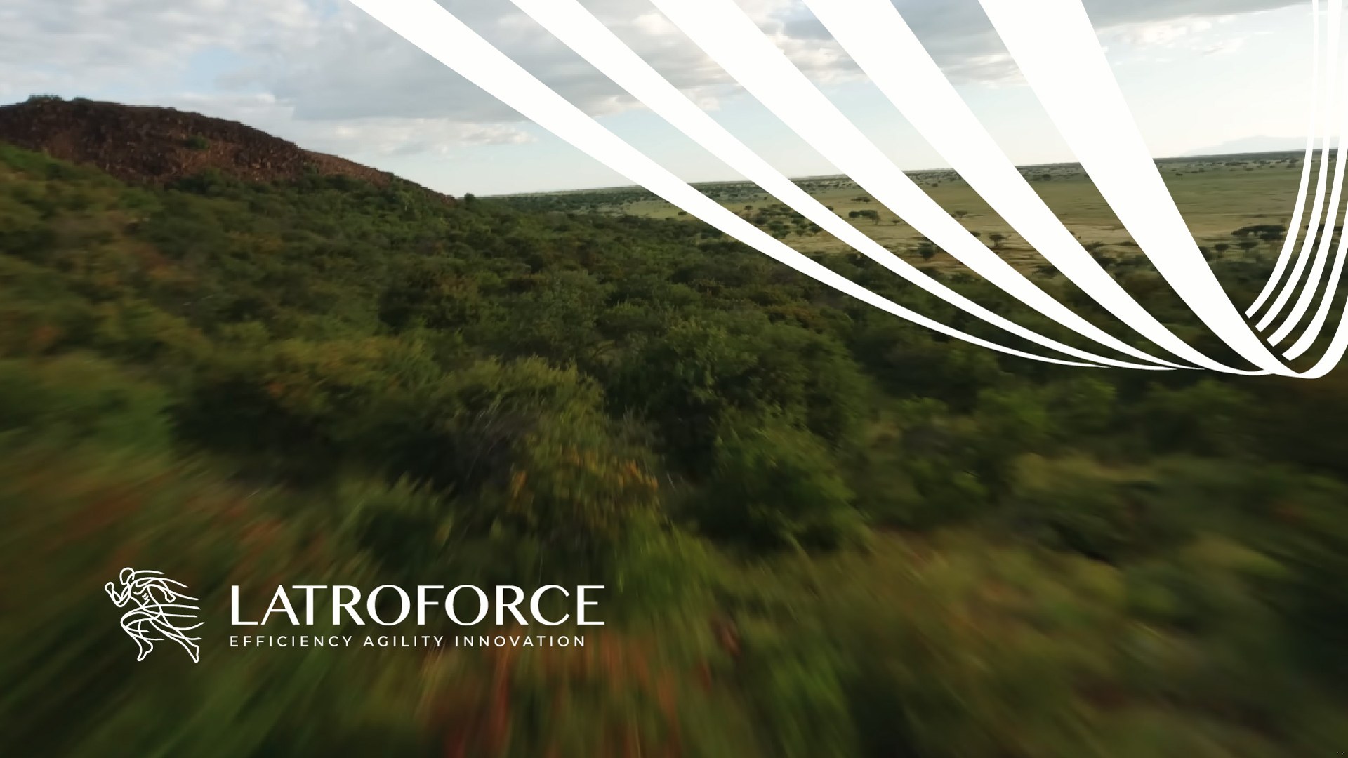 Latroforce presentation cover with landscape photography and a white looping pattern