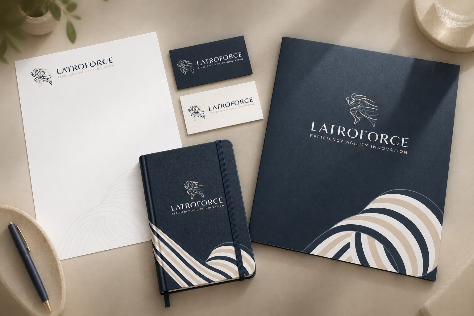 Latroforce stationery — rebrand concept mockup