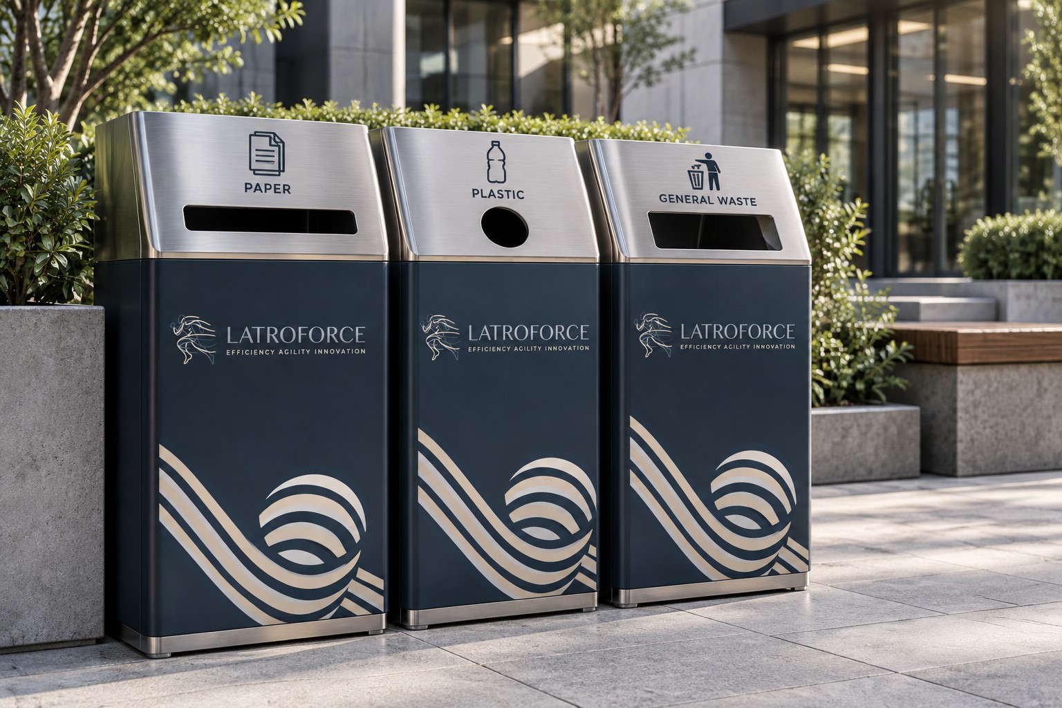 Concept mockup of Latroforce-branded bins labelled paper, plastic and general waste