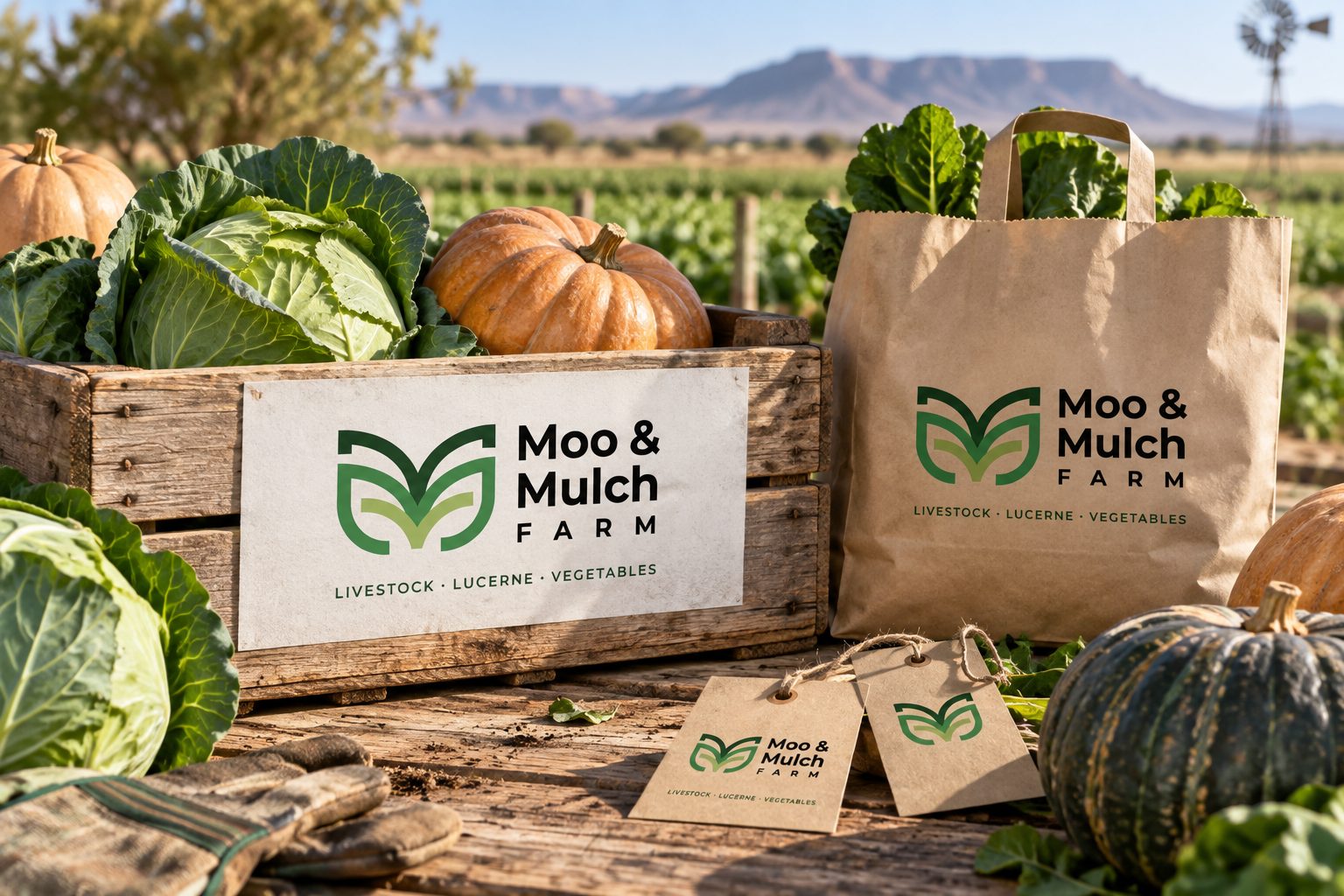 Moo & Mulch Farm branded produce crate, kraft bag and paper tags