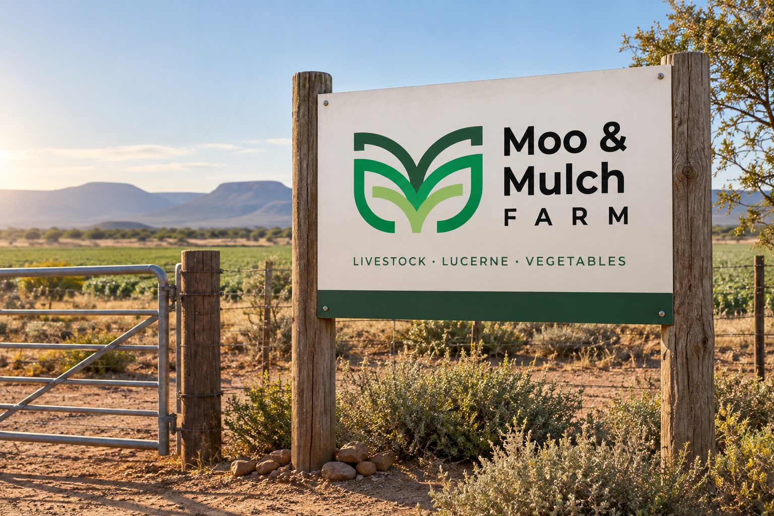 Moo & Mulch Farm entrance sign on timber posts beside a farm gate