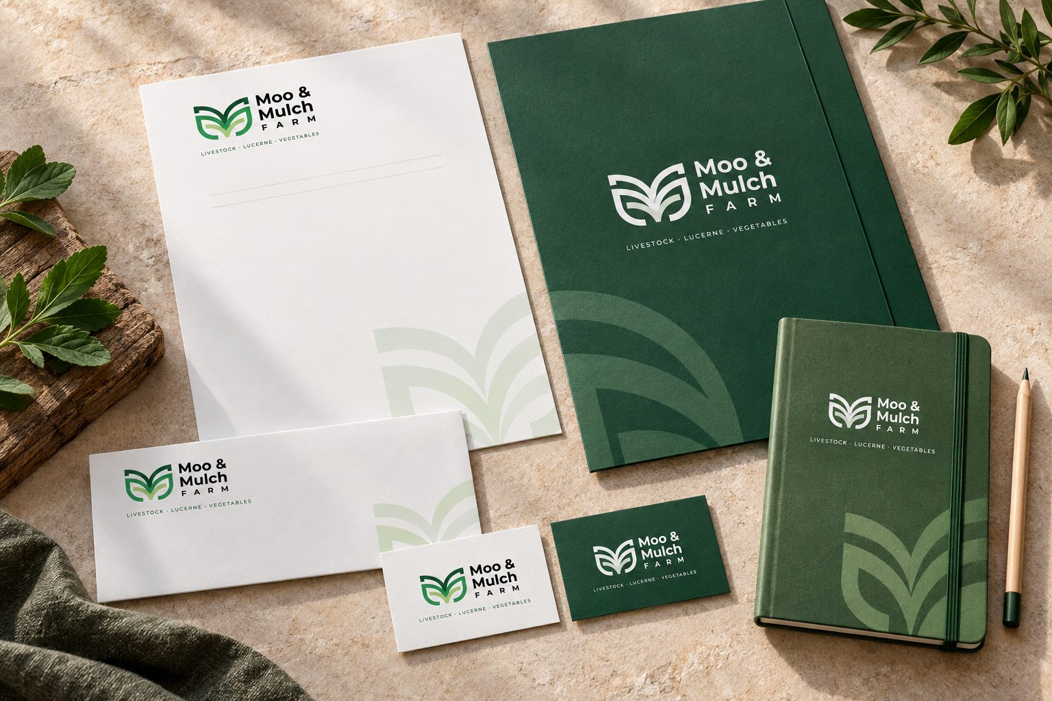 Moo & Mulch Farm coordinated letterhead, envelope, folder and notebook
