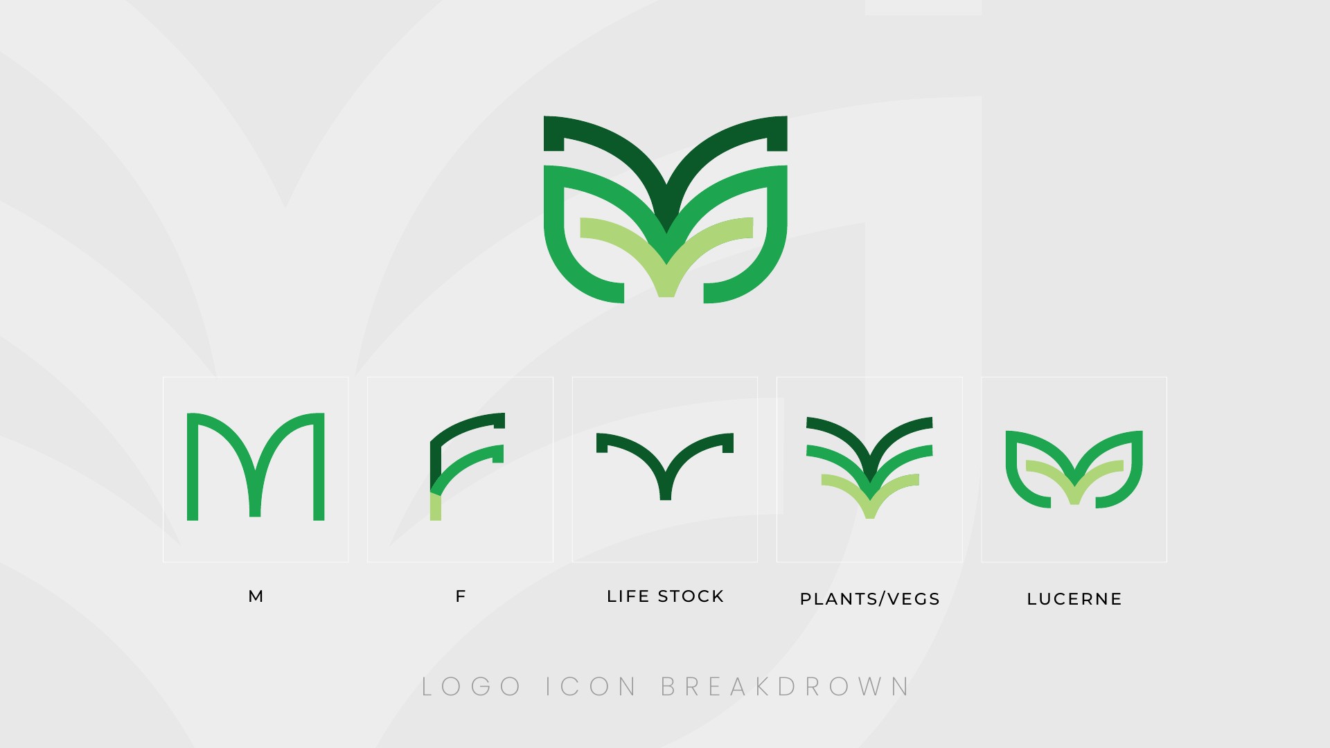 Moo & Mulch Farm emblem breakdown showing M, F, livestock, plants and lucerne