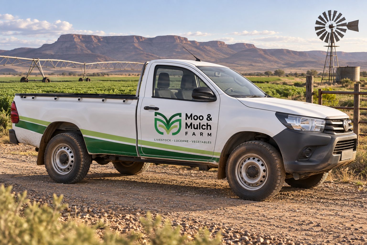 Moo & Mulch Farm white pickup with green farm branding on the door