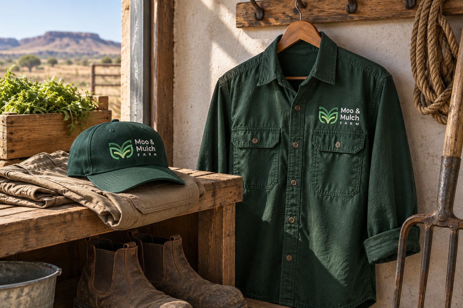 Moo & Mulch Farm green work shirt and cap with embroidered branding