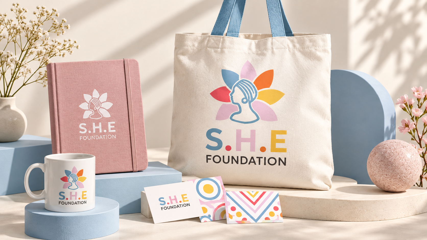 SHE Foundation branding concept: canvas tote, white-logo pink notebook, mug and patterned stationery on pastel display plinths