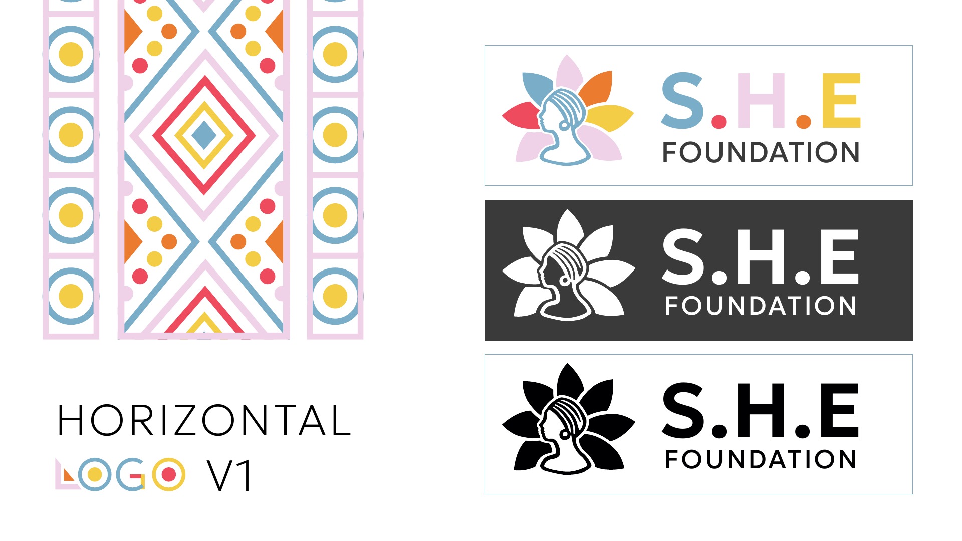 Horizontal SHE Foundation logo arrangements and geometric pattern