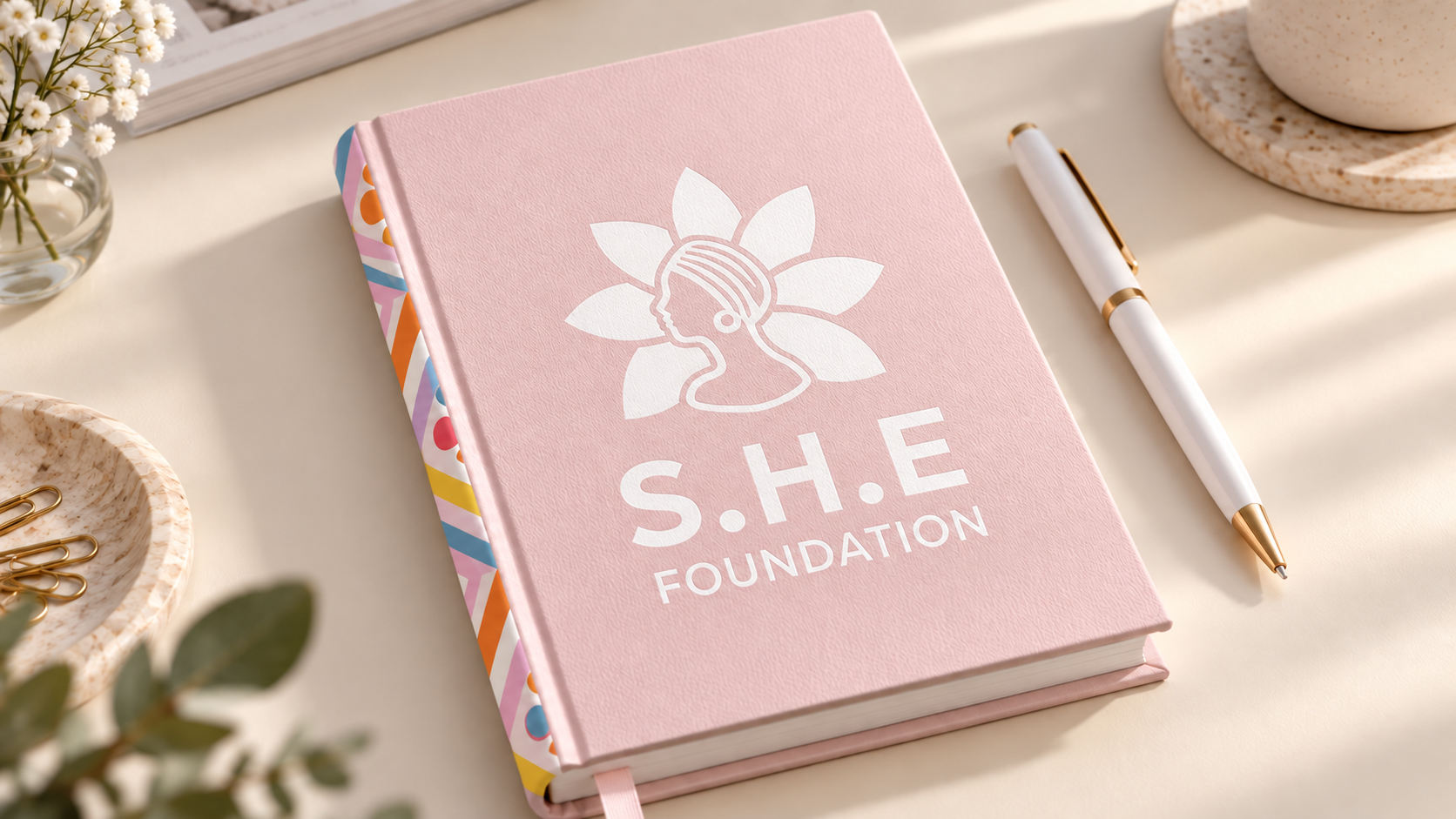 SHE Foundation concept mockup: pink notebook with a white logo printed directly on its cover