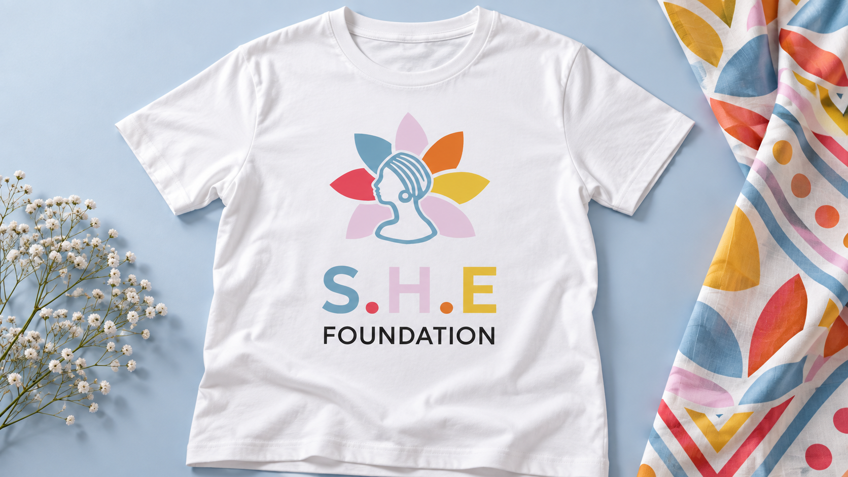 SHE Foundation concept mockup: branded t-shirt
