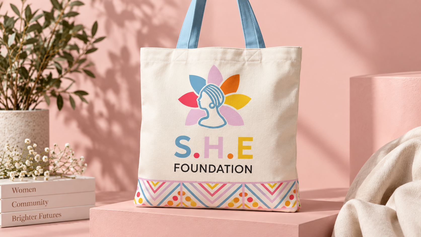 SHE Foundation concept mockup: canvas tote bag