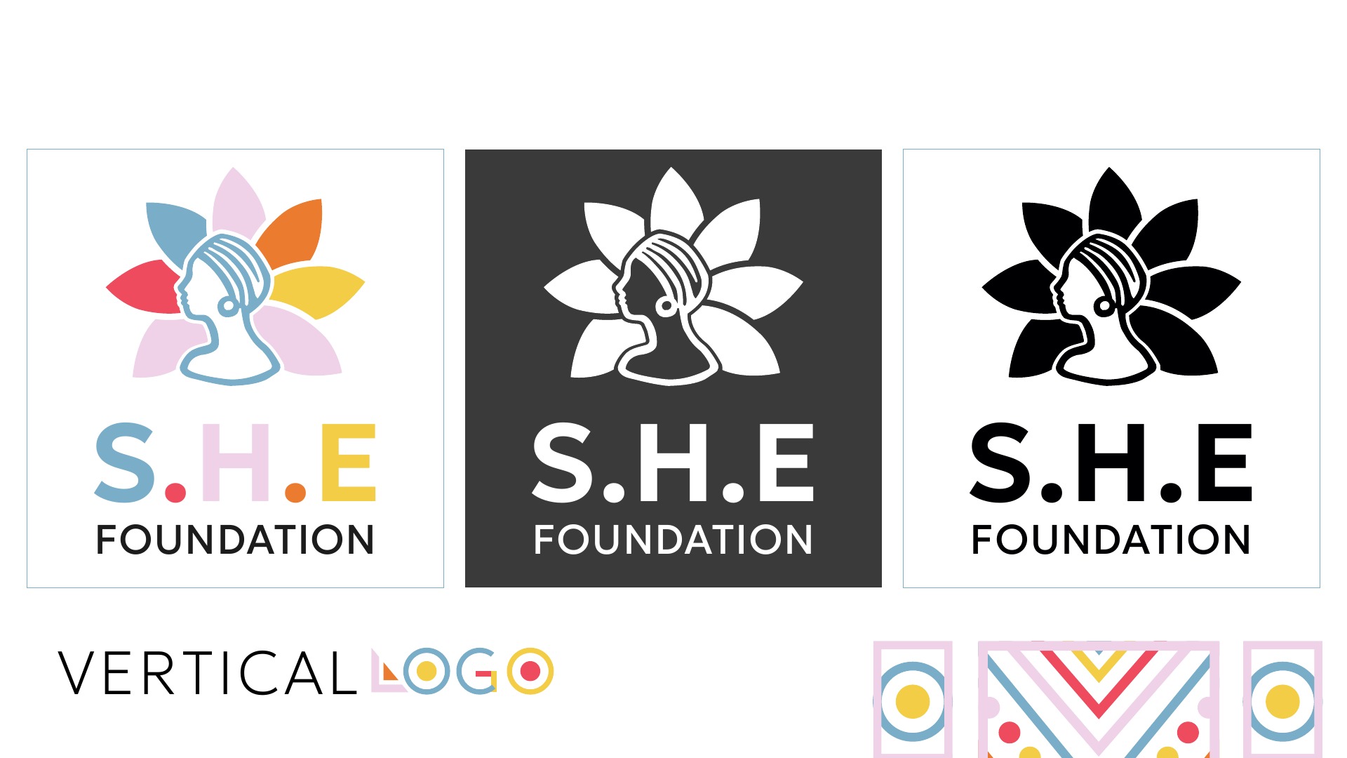 Vertical SHE Foundation logo in colour, white and black