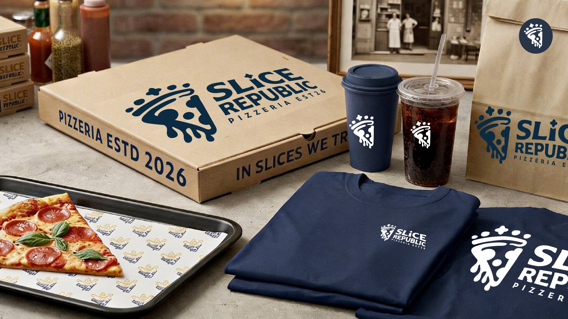 Slice Republic pizza box, cups, paper bag and branded apparel