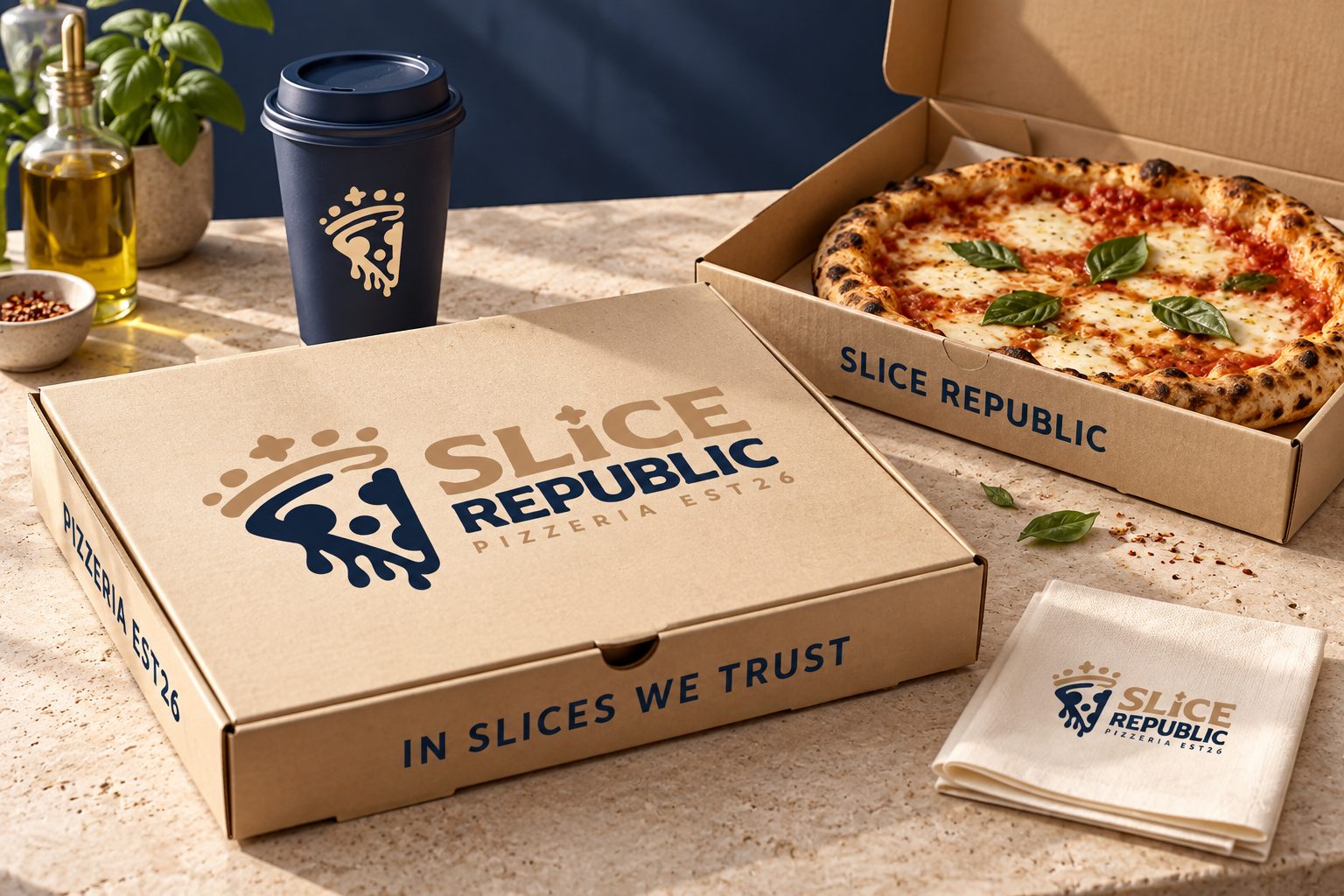 Slice Republic concept mockup: pizza packaging